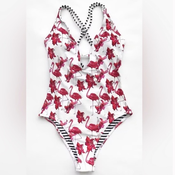Cupshe | One Piece Swimsuit Flamingo Floral Stripes Print Crossed Straps - Picture 3 of 7
